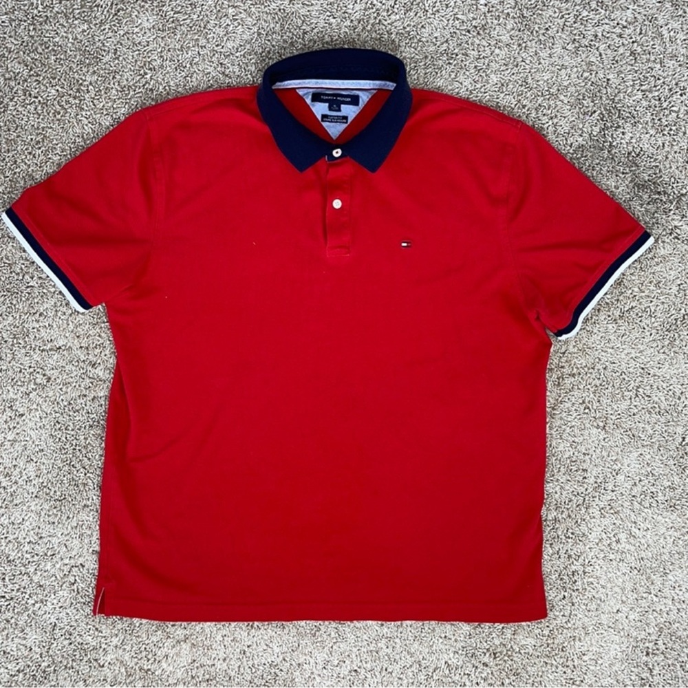 😁 Tommy Hilfiger Red and Blue Polo Shirt Classic Design